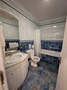 bagno piastrellato blu con servizi igienici e lavandino di The Lanterns Hotel a Tarbert