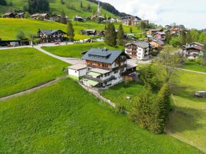an aerial view of a house in a green field at Das Kleemanns - Nur für Erwachsene in Mittelberg