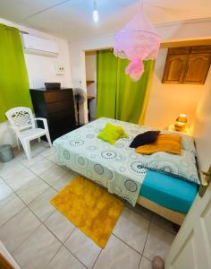 1 dormitorio con 1 cama con cortina verde en Bas de villa Vacances Océan en Le Carbet