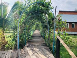 een houten loopbrug met een boog over een brug bij Baan Thung Home Stay in Prasat