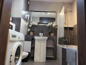 a bathroom with a toilet and a sink and a shower at AMBER APARTAMENT SZLAK 106 in Krakow