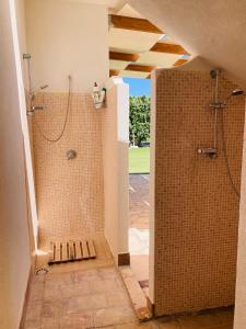 uma casa de banho com um chuveiro e uma cabina de duche ao nível do chão em Posidonia Apartments em Marsala