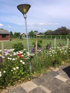 a street light in a garden with flowers at Langø, ferielejlighed in Nakskov