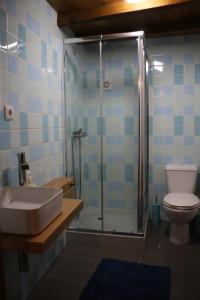 a bathroom with a shower with a sink and a toilet at Casa dos Trilhos in Lousã +10 photos