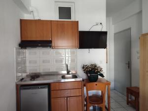 a kitchen with wooden cabinets and a counter top at OLGA STUDIOS in Olympic Beach
