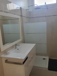 een badkamer met een wastafel en een spiegel bij Maison jumelée clôturée in Linguizzetta