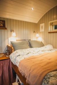 Tiny Houses Bij De Compagnons في Waskemeer: غرفة نوم بسرير وطاولة بها مصباحين