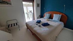 a bedroom with a bed with two blue pillows at CHAMBRE PRIVEE AVEC SALON, garage voiture, vélos, motos in Tourville-sur-Arques