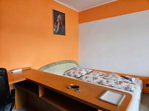 Ce lit se trouve dans un dortoir doté d'un bureau et d'un lit sidx sidx. dans l'établissement WOLF APARTMAN, à Považská Bystrica
