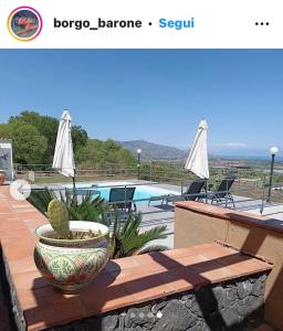 un cactus en una olla sentada en una cornisa junto a una piscina en Borgo Barone, en Mascali