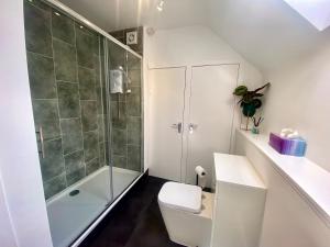ein weißes Bad mit einer Dusche und einem WC in der Unterkunft Bruachdryne Braemar Accommodation in Braemar
