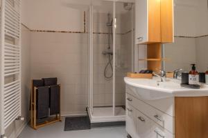 a bathroom with a sink and a shower at Le finestre sul Duomo in Trento