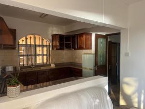 特鲁欧克比赫斯Apartment with exceptional sea view的厨房配有木制橱柜和冰箱。