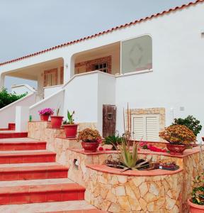 una casa con scale rosse e piante in vaso di LA PERGOLA a Lampedusa