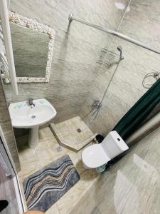 ein Bad mit einer Dusche, einem WC und einem Waschbecken in der Unterkunft Family Hotel Sunset in Chakvi