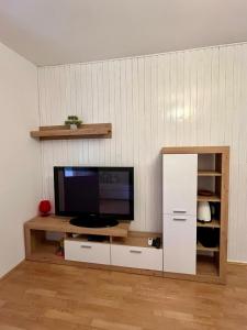 uma sala de estar com uma televisão de ecrã plano num centro de entretenimento em Apartmani Krunić em Barbat na Rabu
