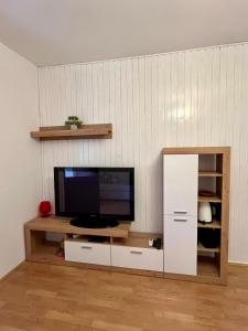 een woonkamer met een flatscreen-tv op een entertainmentcentrum bij Apartmani Krunić in Barbat na Rabu