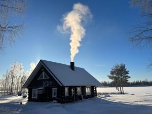 维尔扬迪Mäeküla Järve Palkmaja的雪中烟出的房子