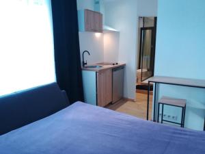 a room with a bed and a table and a counter at La Lilloise Villeneuve D'Ascq GD STADE Mauroy in Villeneuve d'Ascq