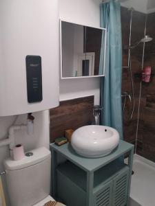 a bathroom with a sink and a toilet and a shower at La Petite Maisonnette des Amoureux in Chitray
