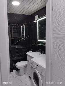 a bathroom with a toilet and a sink and a washing machine at Apartments Natali in Bar +20 photos