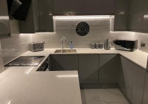 uma cozinha com armários pretos e um lavatório em Beautiful modern cosy central apartment / sleeps 4 em Reading
