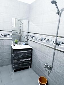 een badkamer met een wastafel en een douche bij Entire House with private Rooftop in Al Hoceïma