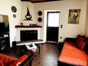 a living room with a couch and a fireplace at Aelia Cottage House in Khrónia