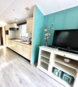 een keuken met een flatscreen-tv op een witte kast bij Vakantie veluwe in Wageningen