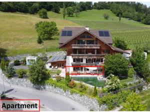 eine Luftansicht eines Hauses mit Sonnenkollektoren in der Unterkunft Alpine Chalet with Natural Pool in Eschen