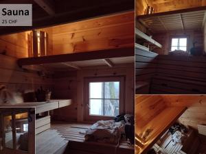 2 Bilder einer Hütte mit einer Küche und einem Zimmer mit Holz in der Unterkunft Alpine Chalet with Natural Pool in Eschen