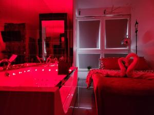 a red room with a tub and a bed with swans at CENTRAL HOUSE - Studios with exclusive use of a Jacuzzi and optional Prosecco with full access to sauna, gym and play pool facilities - Studia z prywatnym Jacuzzi i opcją z Prosecco oraz dostępem do sauny, siłowni i bilarda in Warsaw