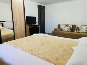 a hotel room with a bed and a couch at Casa Daya Borsa in Statiunea Borsa