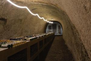 a tunnel with a row of bottles of wine at Hotel Korona Wellness, Rendezvény és Borszálloda in Eger