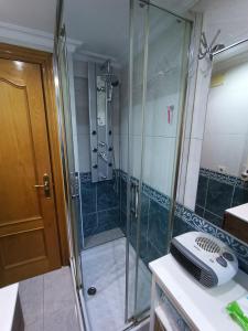 een douche in de badkamer met een glazen achterdeur bij Vivienda vacacional cerca de Bilbao in Galdakao