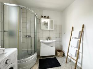 a bathroom with a shower and a sink and a washing machine at Casa Faria in Stari Grad +40 photos