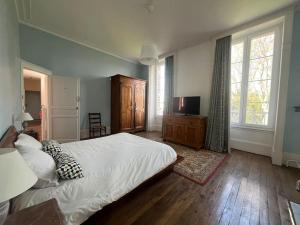 Un dormitorio con una cama grande y un televisor. en La Demeure de Margot - 24 couchages, en Villeneuve-sur-Yonne