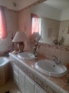 a bathroom with two sinks and a lamp and a mirror at Les Espaces de Furiani in Furiani