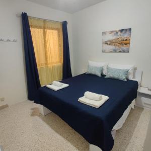 a bedroom with a blue bed with towels on it at SeaView Apartment in Taʼ Ġokondu