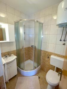 a bathroom with a shower and a toilet and a sink at Apartmani Maja Vrsi in Vrsi