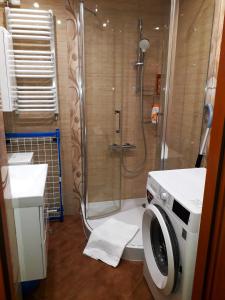 La salle de bains est pourvue d'une douche et d'un lave-linge. dans l'établissement Apartament *Jasmine*, à Dąbrowa Górnicza