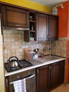 cocina con armarios de madera y horno con fogones en Apartament *Jasmine* en Dąbrowa Górnicza
