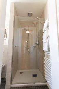 W łazience znajduje się prysznic ze szklanymi drzwiami. w obiekcie Charmante Altbauwohnung am Rhein w Bazylei