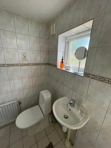 ein Badezimmer mit einem WC, einem Waschbecken und einem Spiegel in der Unterkunft Gästsvit in Malmö