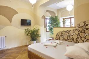 um quarto com uma cama e uma televisão na parede em Wellness Apartment De Luxe em Liberec