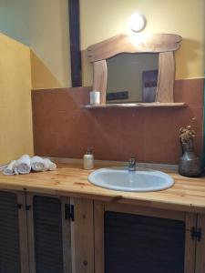 a bathroom counter with a sink and a mirror at Studio Katerina in Florina