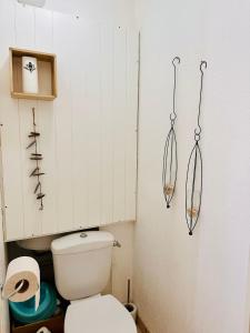 a bathroom with a toilet andautical items on the wall at Appartement rez-de-chaussée entre dunes et ocean in Lacanau-Océan