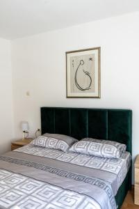 a bed with a green headboard in a bedroom at Apartment in City Center of Skopje in Skopje +10 photos