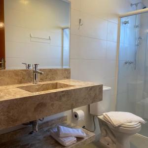 a bathroom with a sink and a toilet and a shower at Pousada Alpes Azul in Campos do Jordão