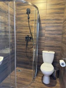 La salle de bains est pourvue d'une douche, de toilettes et d'un lavabo. dans l'établissement Ангел комфорт, à Kiev